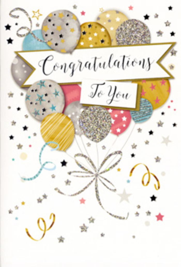 In this image, a beautifully designed congratulations card captures the spirit of a joyful Dulwich celebration with an understated elegance. The central motif is a bouquet of illustrated balloons, arranged much like a hand-tied cluster you might carry home from a local florist after picking up treats on North Cross Road. The balloons are gently layered, some nestled behind others, creating a feeling of depth. They are coloured in a sophisticated mix of metallic gold, soft silver, champagne beige, sky blue, blush pink and muted grey, each one embellished with delicate stars, glitter-inspired speckles, or fine, linear patterns. These decorative details make the surfaces appear to glisten, as though illuminated by late-afternoon sunlight filtering through trees in Dulwich Park. Slim ribbons drawn in shimmering gold and silver tones trail down from the bunch, looping and overlapping in loose curls that add a sense of movement and festivity. Scattered across the pale background are tiny stars, small dots, and swirling accents, gently suggesting confetti and streamers drifting to the ground after a heartfelt toast. Cutting gracefully through the middle of the composition is an elegant banner bearing a clear Congratulations message in ornate yet friendly script, the lettering balancing sophistication with warmth. The card's overall mood is celebratory but not loud, ideal for meaningful milestones - a graduation from a nearby college, a hard-won promotion, or a personal achievement that friends and family gather to honour in a Dulwich home. You can almost imagine the slightly raised texture of metallic ink beneath your fingertips and the quiet thrill of handing this card over, tucked beside fresh flowers, to someone whose success truly matters to you.