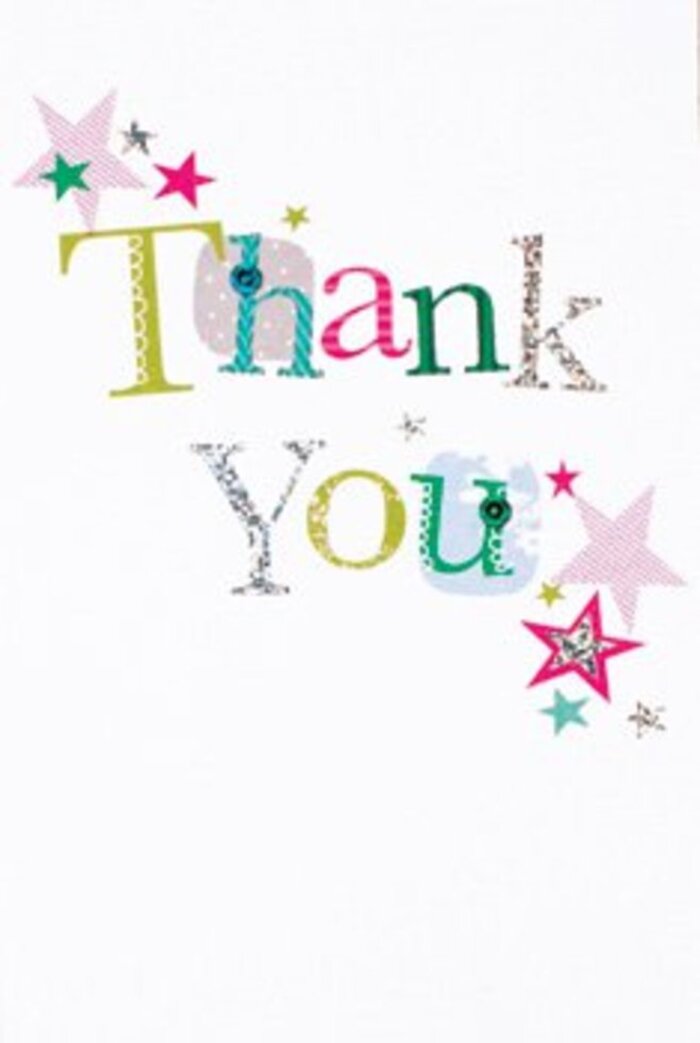 In the gentle ambiance of a Dulwich morning, this thank you card radiates quiet exuberance and heartfelt appreciation. Each letter of the message is an artwork in itself: some playful and dotted, others elegantly arced and touched with threads of silver, all painted in cool blues, lively greens, and vivid magentas. Starbursts in silver, rose, and turquoise gather above and near the message, as if the spirit of a Dulwich festival has drifted into the card-adding a blessing of light to every word. The composition is modern and open, perfectly balanced on a clean white field, reminiscent of the understated sophistication found in village galleries and cafes along Lordship Lane. The textured print surface and hints of glitter suggest a handcrafted delight, making the card as tactile and memorable as a basket of freshly cut garden blooms. This card would rest seamlessly alongside a thank you bouquet delivered to Herne Hill or a local artisan's market, speaking to the universal warmth and generosity that mark the heart of Dulwich's neighbourhoods.