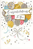 The congratulations card pictured here feels like a little burst of happiness ready to be carried through the streets of Dulwich to a waiting celebration. At its centre, a joyful cluster of balloons floats upward, each balloon full and softly rounded, with subtle shading that makes them seem almost three-dimensional. The colours are inviting and modern: gleaming gold and silver sit alongside champagne tones, misty sky blue, delicate blush pink and soft grey. Many balloons are decorated with tiny scattered stars, glitter-like dots, and thin stripes, giving a sense of sparkle and texture as though you could feel the raised ink beneath your fingertips. Their ribbons, drawn as slim trails of gold and silver, curl and twist together with the natural grace you often see in freshly tied bouquet tails. Surrounding this central arrangement, a light, airy background is scattered with small stars, confetti shapes, and curved swirls, capturing the feeling of a room just after someone has shouted Well done! - the energy still buzzing in the air. A beautifully drawn banner glides across the composition, gently curved and bearing the words Congratulations To You in graceful calligraphy that communicates warmth and sincerity. The design has a gentle glamour, equally suited to a student's exam success, a promotion in a nearby office, or a special achievement celebrated over dinner near Dulwich Village. Looking at it, you can almost sense the smooth quality of the card, the soft sheen of metallic highlights, and the thoughtful care of the sender who chose it to accompany a bouquet of fresh flowers delivered locally to mark such an important moment.